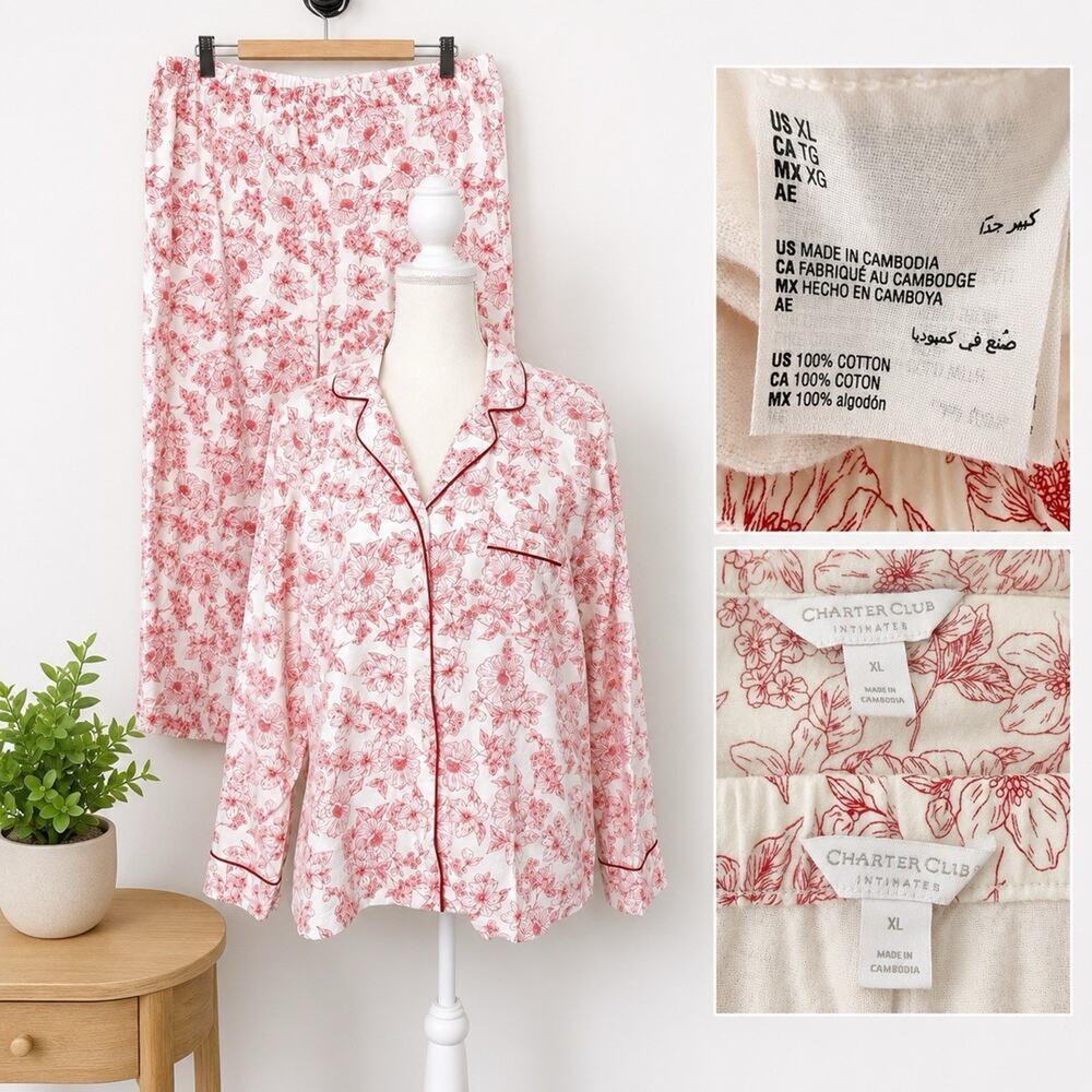 Charter Club Size XL 100% Cotton Flannel Floral Pajama Set Red White PJs Womens